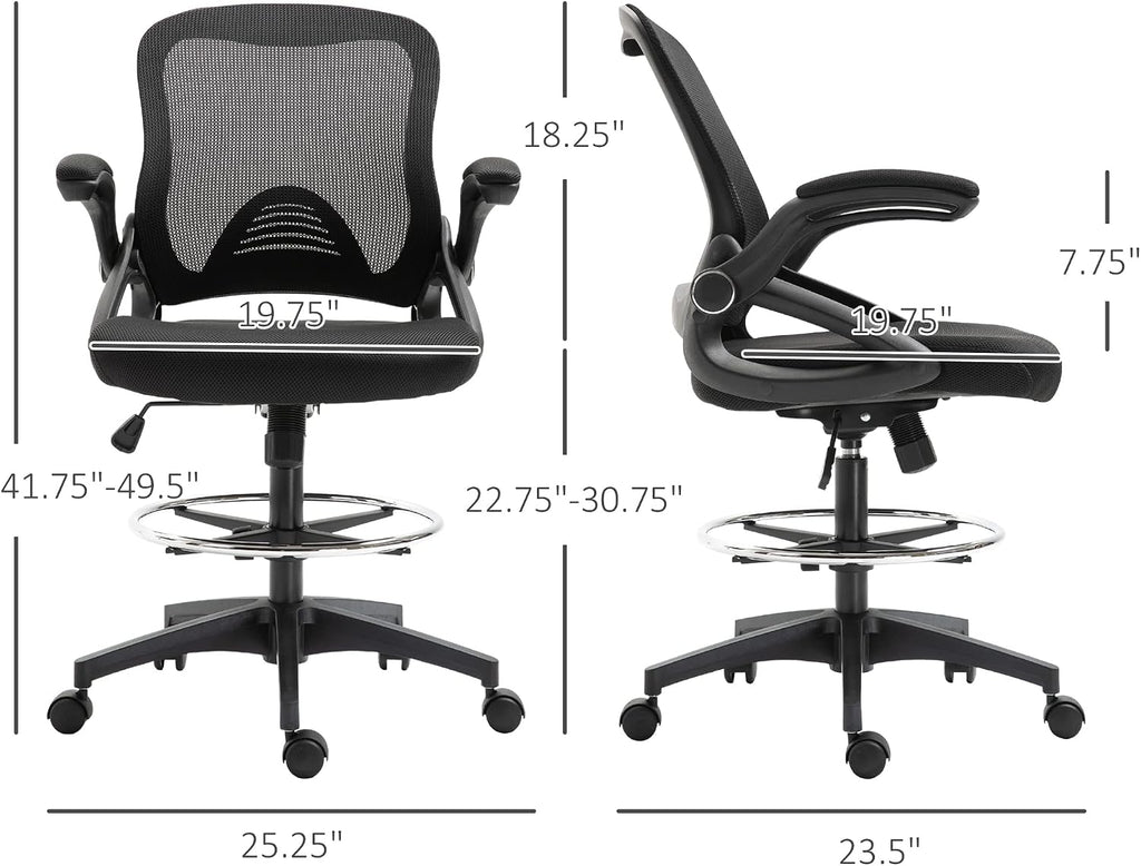 Vinsetto Mesh Drafting Chair, Tall Office Chair with Lumbar Support, Flip-Up Armrests, Footrest Ring and Adjustable Seat Height, Black