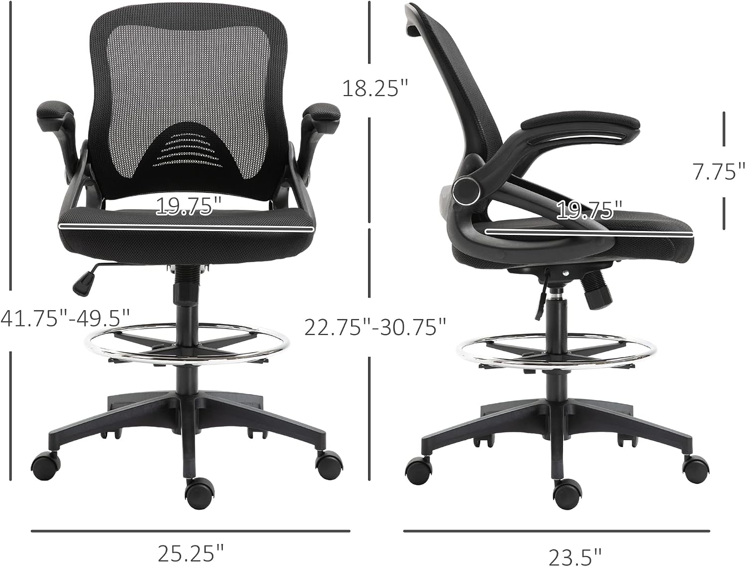 Vinsetto Mesh Drafting Chair, Tall Office Chair with Lumbar Support, Flip-Up Armrests, Footrest Ring and Adjustable Seat Height, Black