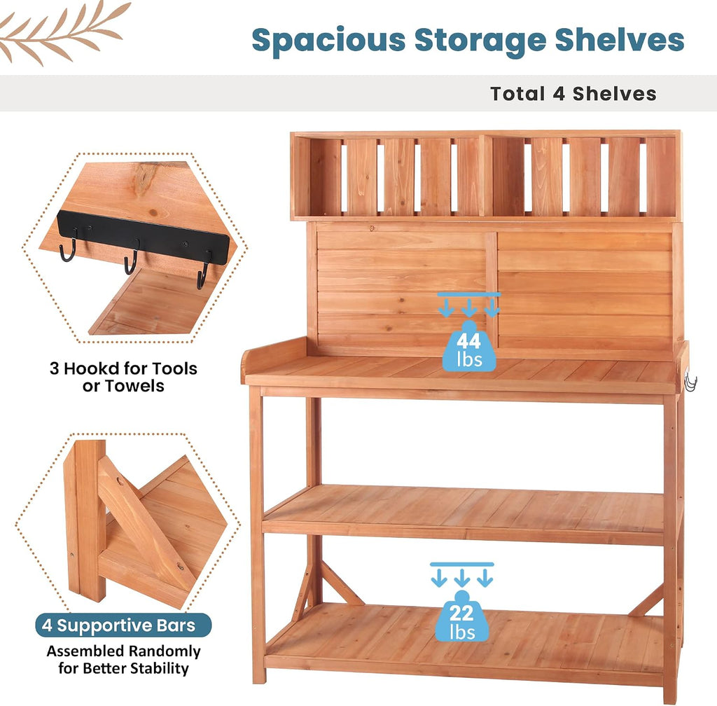 Potting Bench Table with 4 Storage Shelves and Side Hook, Polibi 65" Large Wooden Farmhouse Rustic Outdoor Patio Workstation, Garden Potting Bench with Splash Plate