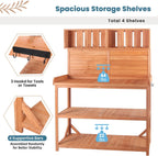 Potting Bench Table with 4 Storage Shelves and Side Hook, Polibi 65" Large Wooden Farmhouse Rustic Outdoor Patio Workstation, Garden Potting Bench with Splash Plate