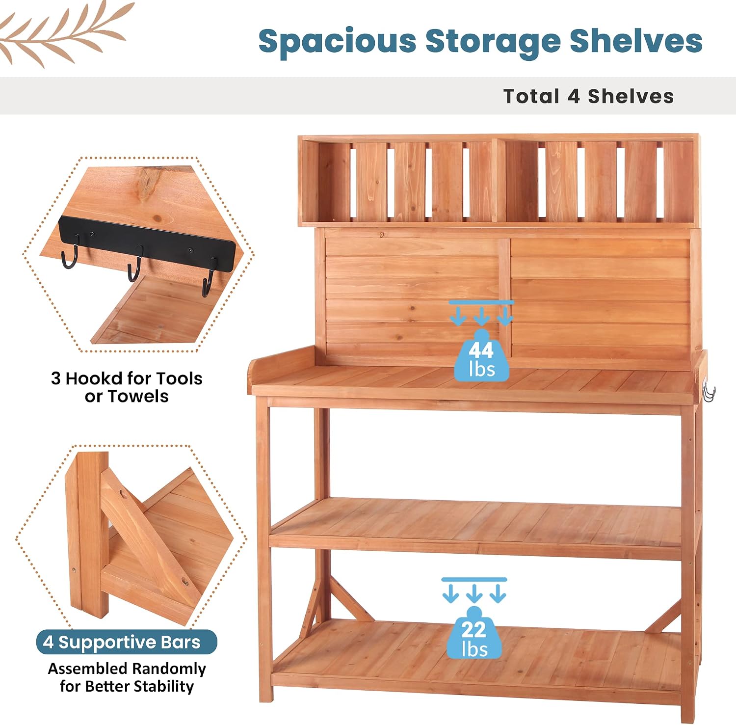 Potting Bench Table with 4 Storage Shelves and Side Hook, Polibi 65" Large Wooden Farmhouse Rustic Outdoor Patio Workstation, Garden Potting Bench with Splash Plate