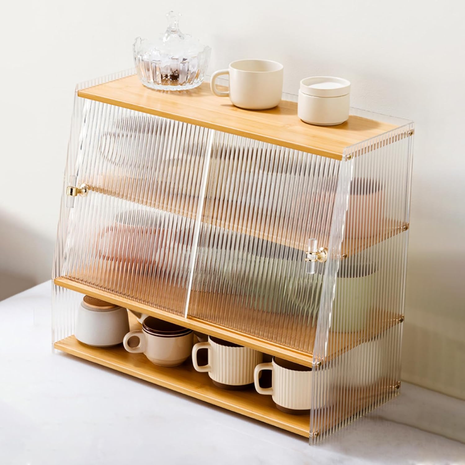 Kitchen Pantry Storage Cabinet, Trapezoidal Countertop Cabinet with Shelves and Striped Acrylic Door for Kitchen Countertops, Coffee Bars, for Syrup, Cups, Stirrer (C)