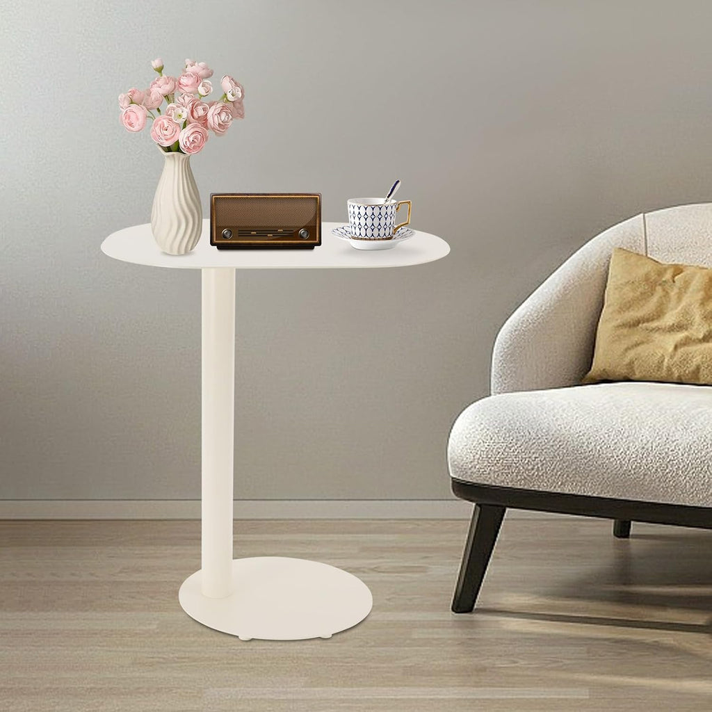 C Shaped End Table for Small Spaces, Slim Nightstand Bedside Couch Slide Under Table for Laptop Snacks, 25in Height Heavy Duty Iron Sofa Side Table, Cream White