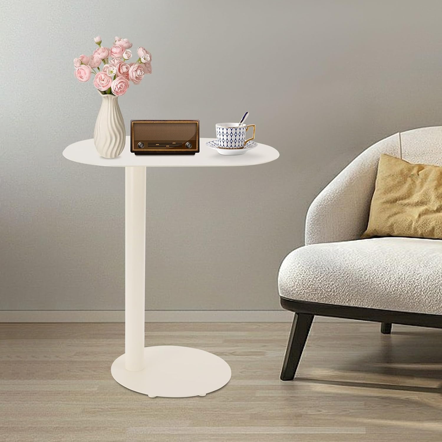 C Shaped End Table for Small Spaces, Slim Nightstand Bedside Couch Slide Under Table for Laptop Snacks, 25in Height Heavy Duty Iron Sofa Side Table, Cream White