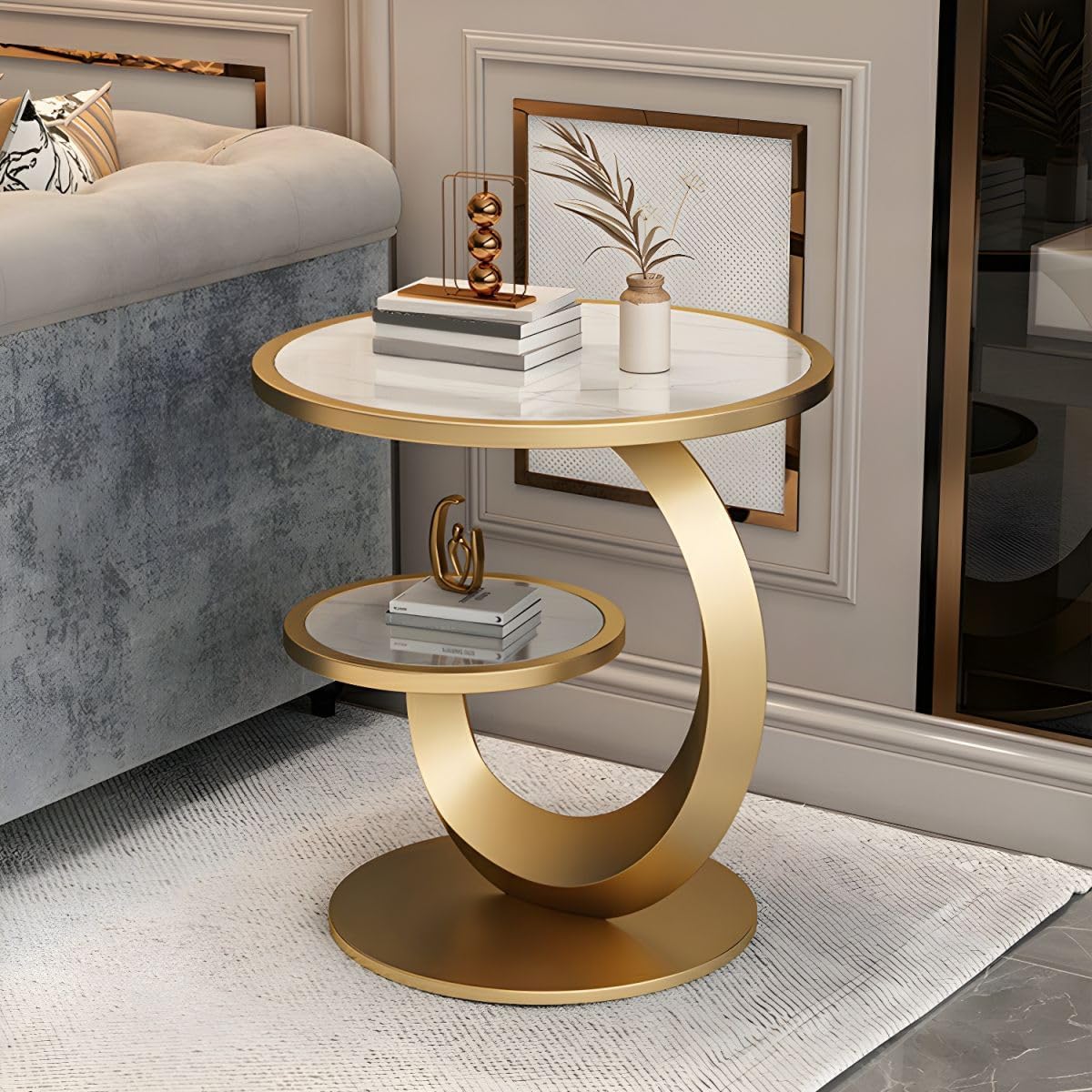 Round Stone Top Side Table with Storage Shelf - Modern End Table for Living Room, Sofa, or Couch