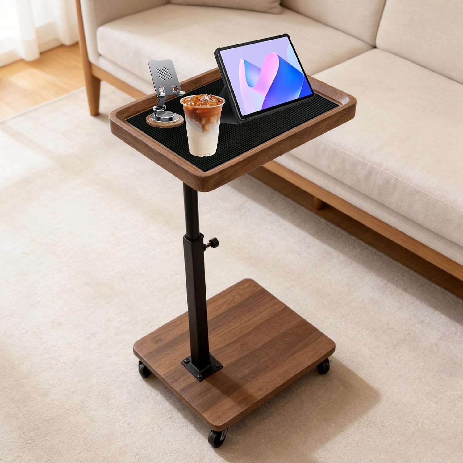 TV Tray Table with Phone Stand & Non-Slip Mat, C Table End Table Height Adjustable, 360° Swivel Side Table with Wheels, Slide Under Sofa Table for Couch Bed Recliner Living Room Small Spaces (1 set)