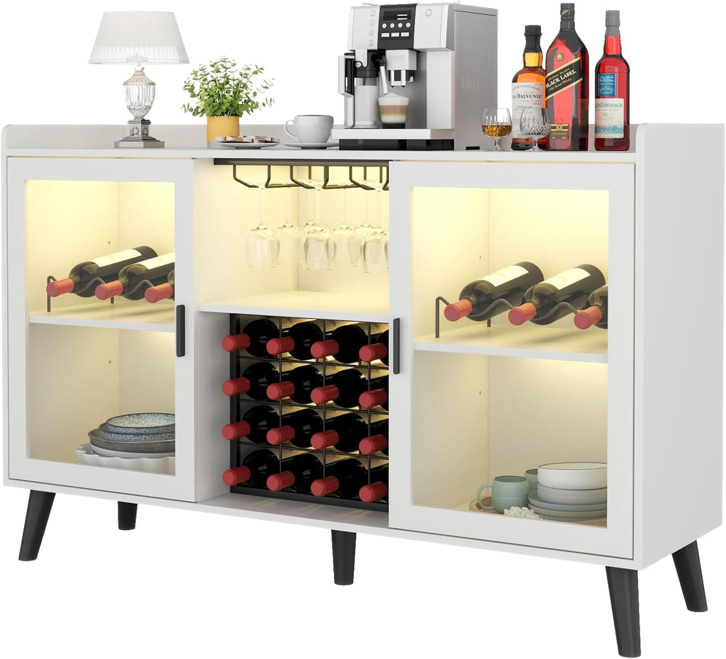 Auromie Wine Bar Cabinet with Led Light, Home Coffee Cabinet with Wine and Glass Rack, Kitchen Buffet Sideboard with Storage Shelves, Freestanding Liquor Cabinet for Living Room, Dining Room (White)
