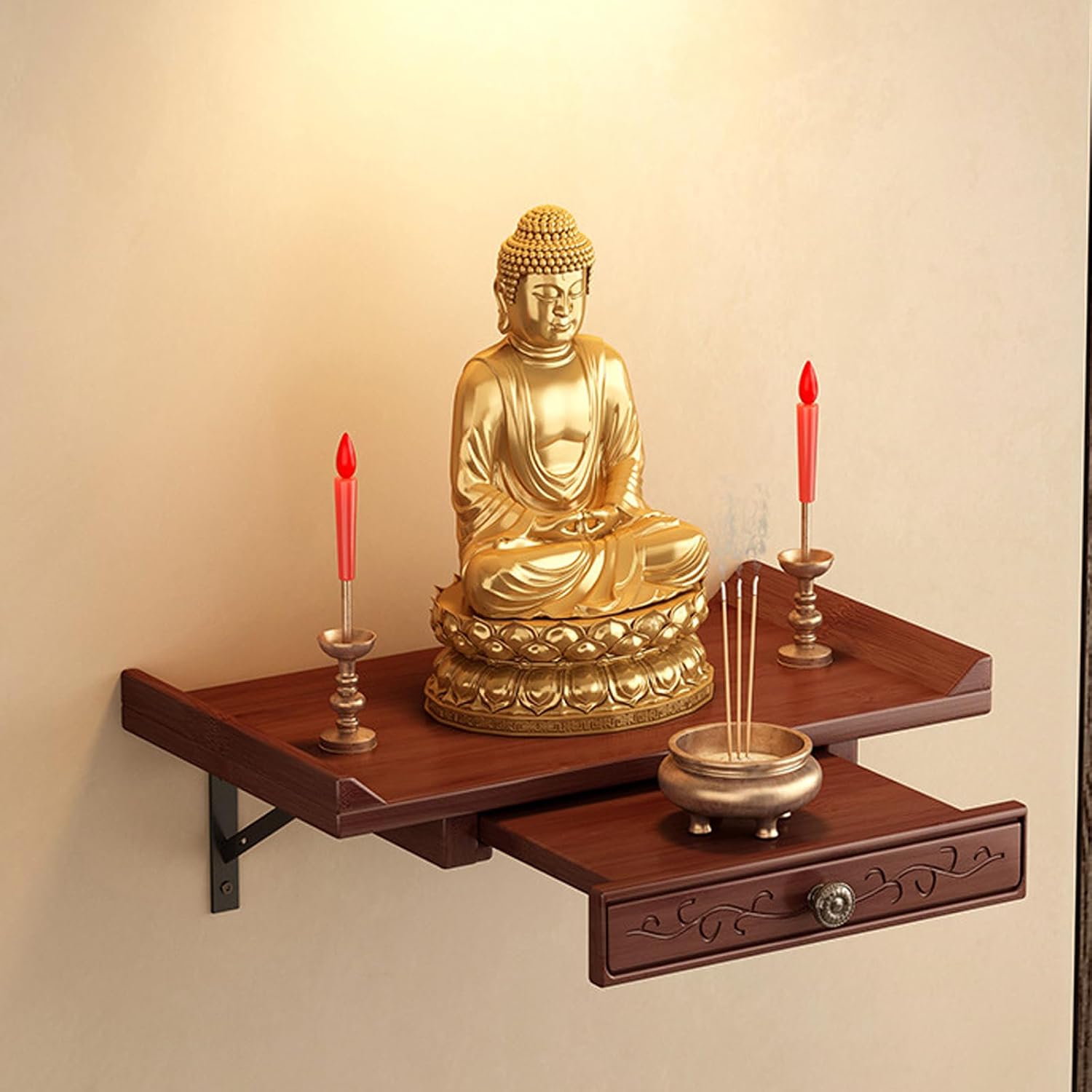 Altar Table,Bamboo Meditation Shrine Altar Cabinet with Storage for Worship & Prayer (Wall-Mounted, 15.7in)