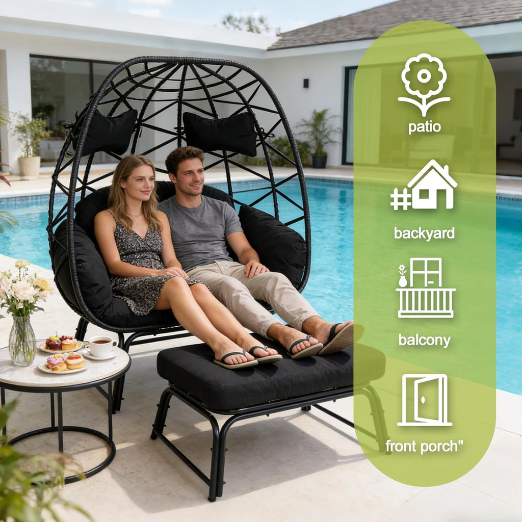 Double Wicker Egg Chair with Ottoman, Indoor Outdoor Egg Basket Lounge Chair with Thick Cushion, 650 lbs Capacity Oversized Rattan Egg Shaped Chair with Leg for Patio Balcony Garden (Black)