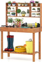 Giantex Potting Bench, Outside Solid Wood Potting Table with Flip-up Tabletop, Shelves, Indoor Outdoor Wooden Workbench for Patio Porch Balcony, Potted Plant Display Rack, 42"x18"x60", Brown