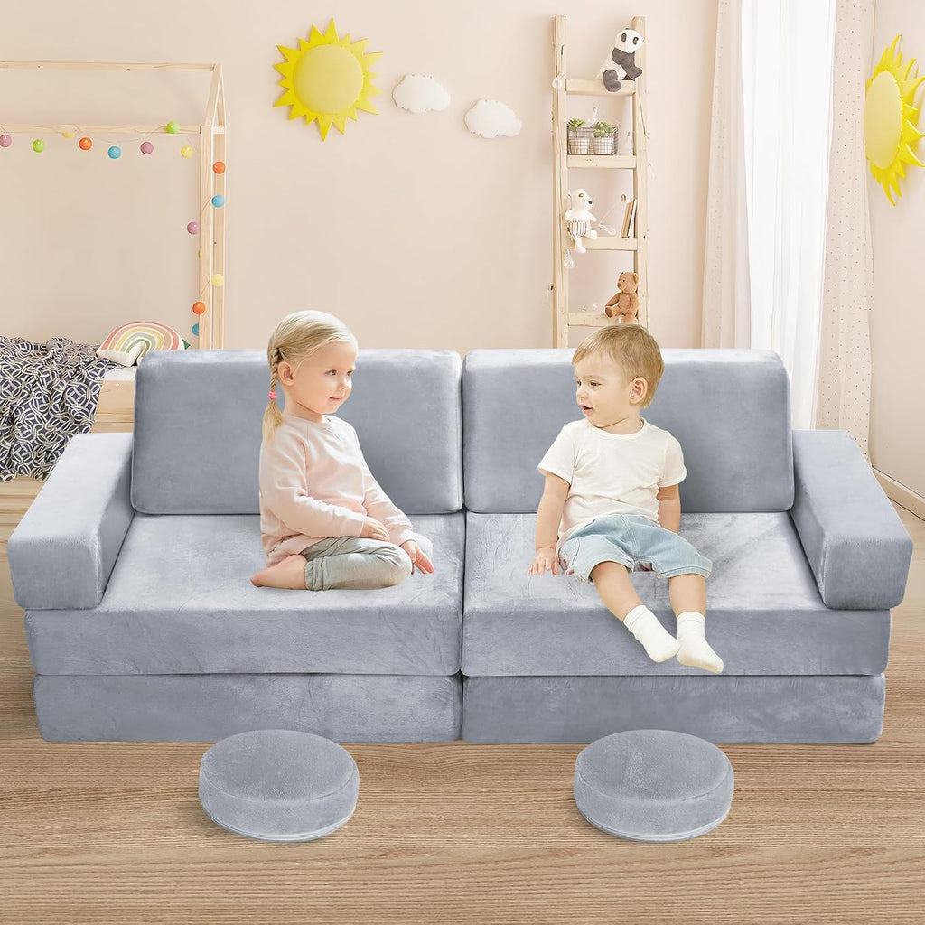 whiffee 10Pcs Kids Play Couch,Toddler Sofa,Modular Kids Couch for Playing, Creativing, Sleeping (Grey)