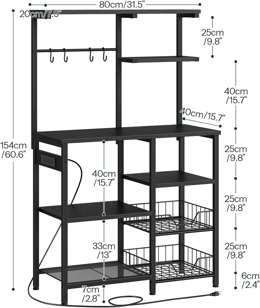 HOOBRO Large Bakers Rack with Power Outlets, 6-Tier Microwave Stand with 4 Hooks, Coffee Bar, Kitchen Shelf with Wire Basket, for Kitchen, Living Room, Office, Black BB64UHB01