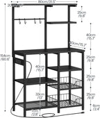 HOOBRO Large Bakers Rack with Power Outlets, 6-Tier Microwave Stand with 4 Hooks, Coffee Bar, Kitchen Shelf with Wire Basket, for Kitchen, Living Room, Office, Black BB64UHB01