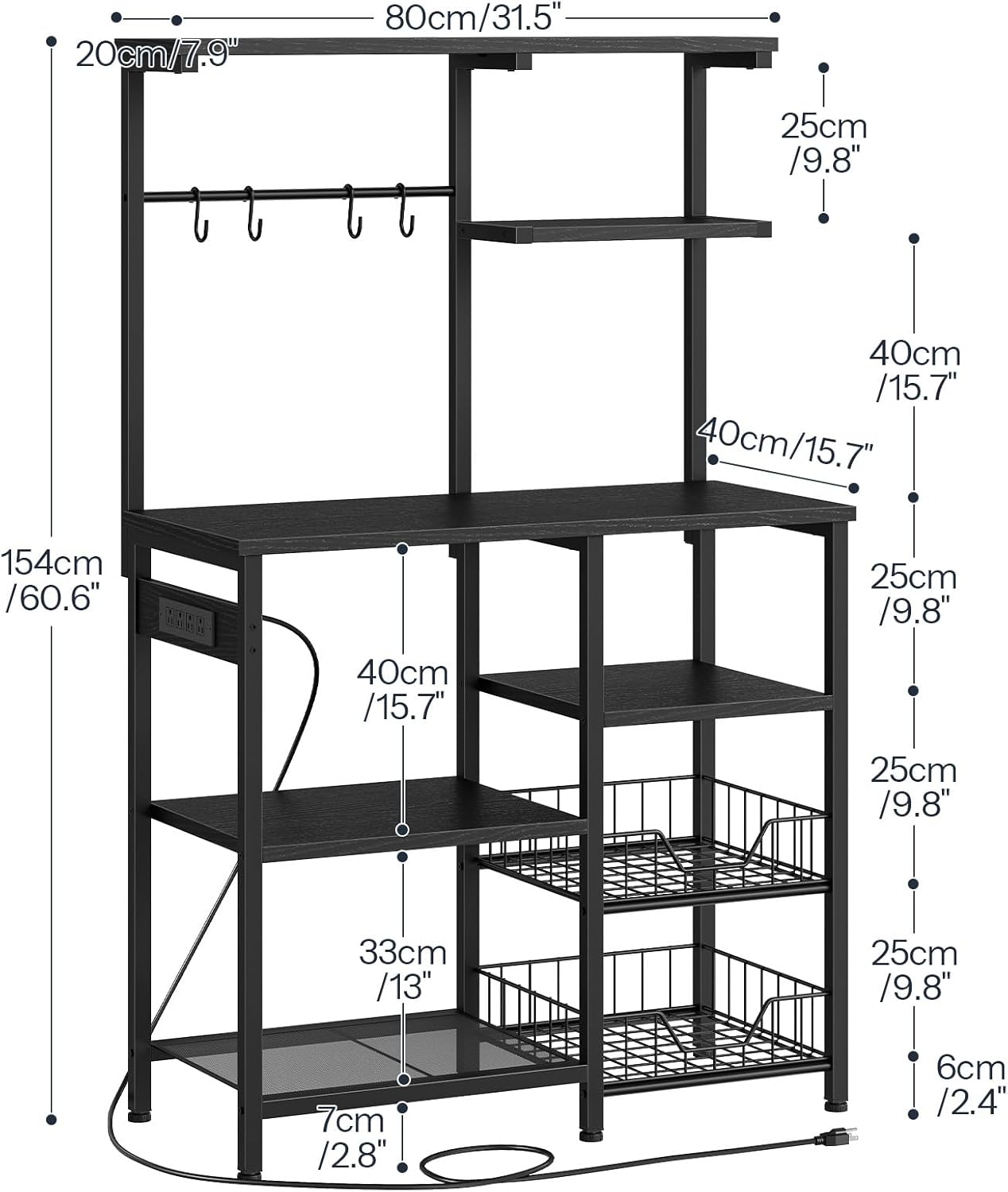 HOOBRO Large Bakers Rack with Power Outlets, 6-Tier Microwave Stand with 4 Hooks, Coffee Bar, Kitchen Shelf with Wire Basket, for Kitchen, Living Room, Office, Black BB64UHB01