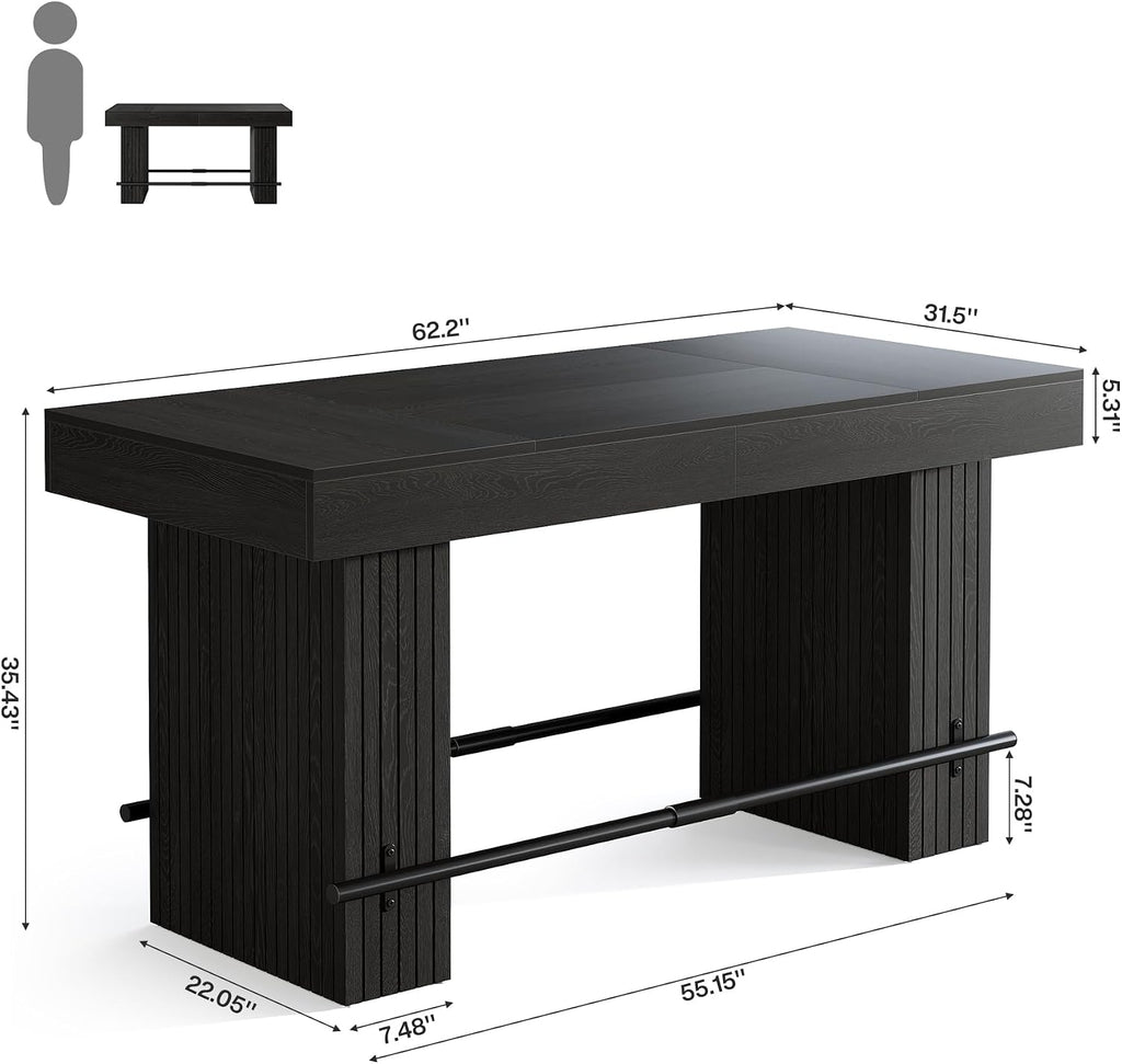 Tribesigns 62.2 Inch Bar Table, Industrial Counter Height Pub Dining Table, Rectangular Home Bar Units with Metal Footrest for Home Kitchen, Dining Room, Bistro, Black