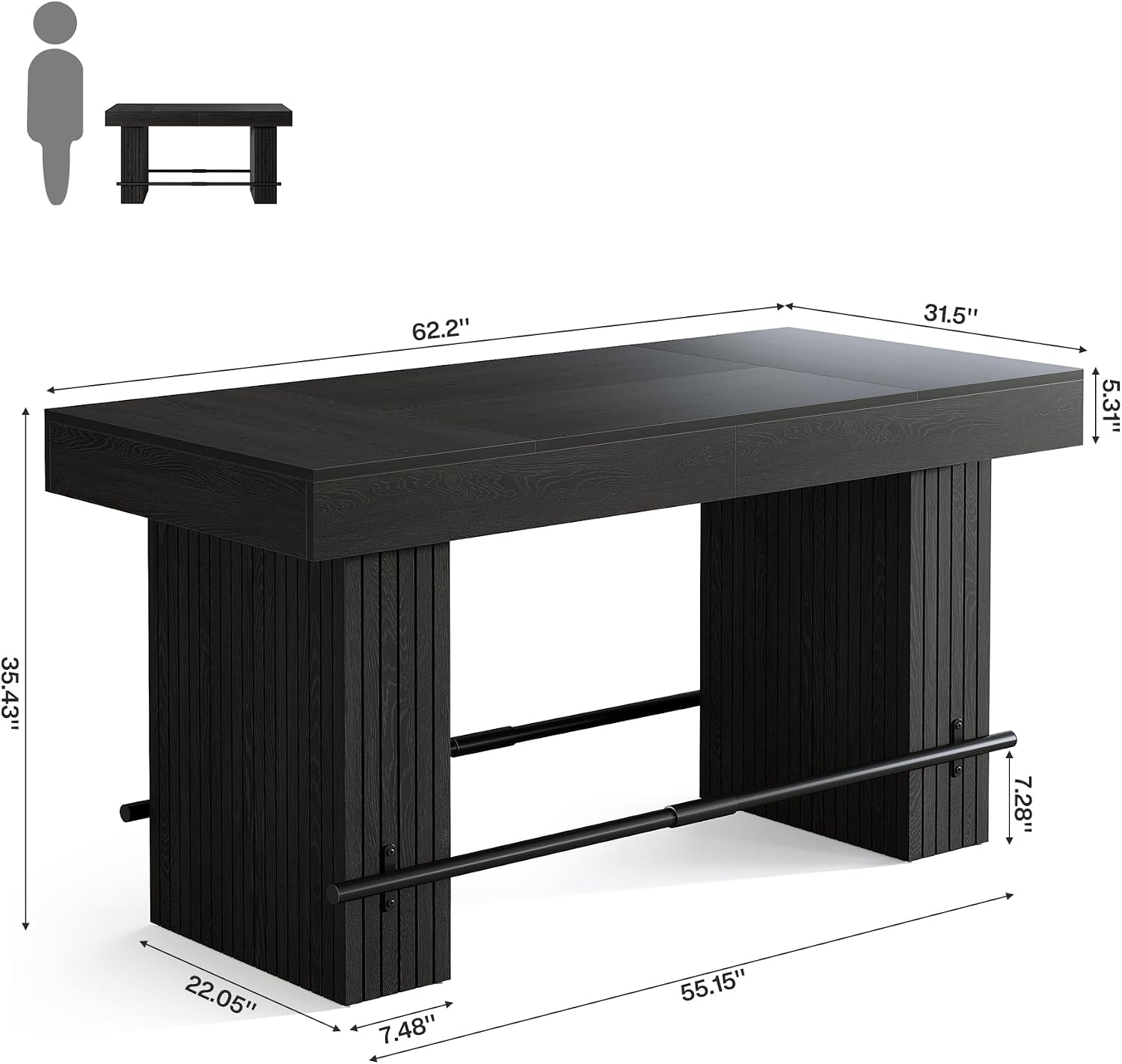 Tribesigns 62.2 Inch Bar Table, Industrial Counter Height Pub Dining Table, Rectangular Home Bar Units with Metal Footrest for Home Kitchen, Dining Room, Bistro, Black