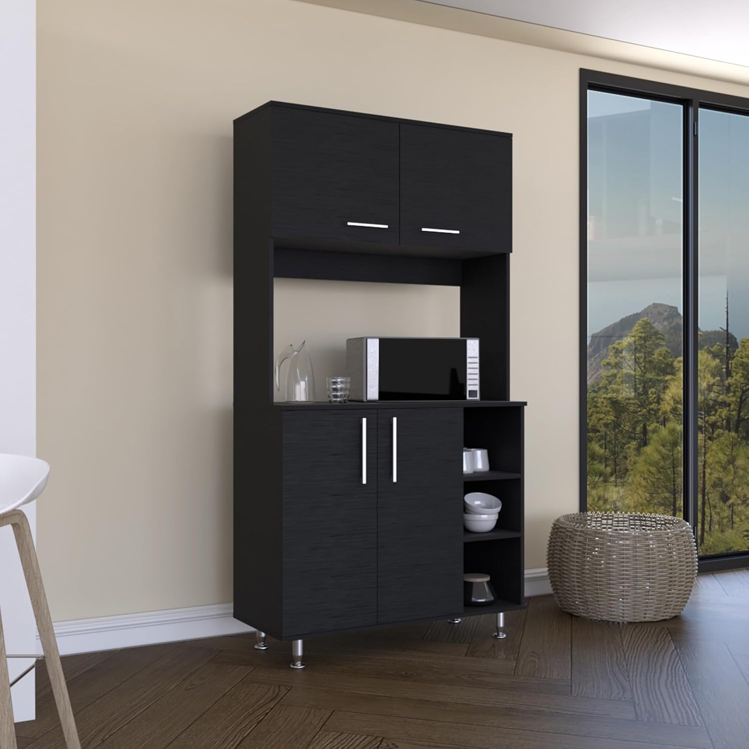 37.4" D*15.7" W*70.9" H Freestanding Kitchen Pantry with 2 Shelves, 2 Double Doors, 4 Sliver Legs, Rectangular Double Door Cabinet, Traditional, for Living Room, Dining Room, Black