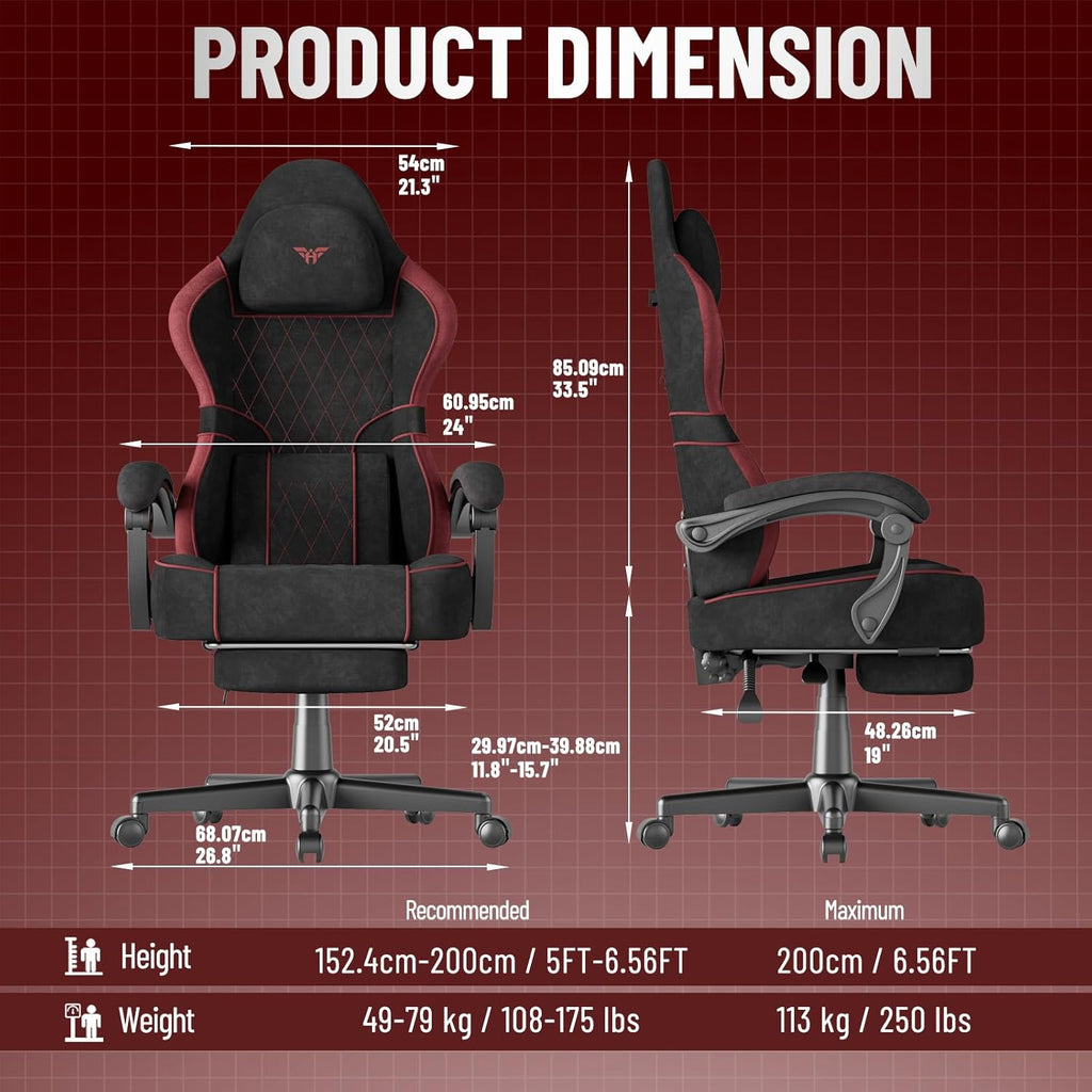 Ferghana Velvet Fabric Ergonomic Gaming Chair with Footrest and Linkage Armrest, High Back Computer Game Chair with Massage Lumbar Support for Adult(Black/Red)
