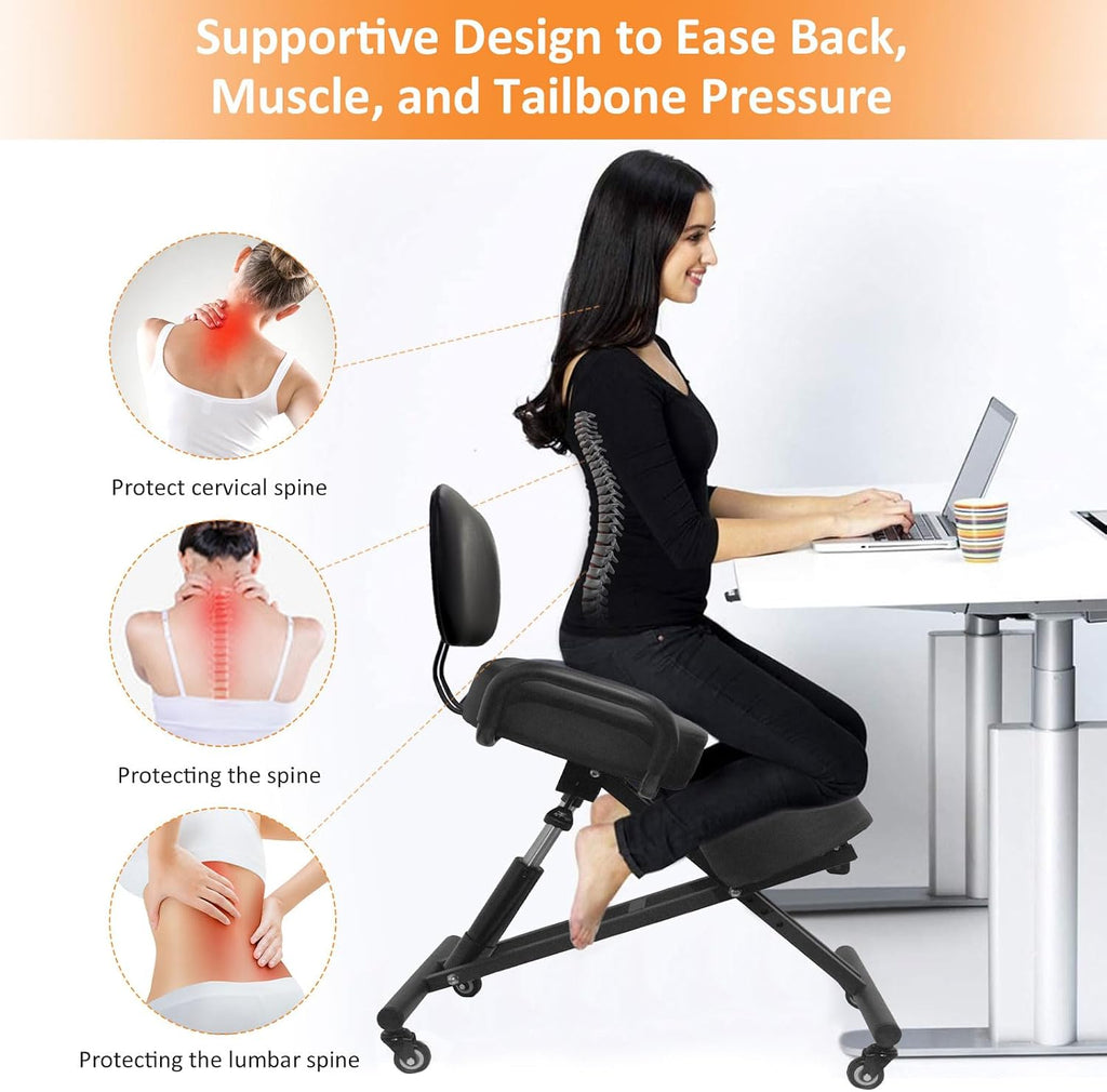 Ergonomic Kneeling Chair with Back Support, Adjustable Height Posture Chair for Home Office, Promotes Healthy Sitting and Better Posture, Prevents Cross-Legged Sitting, Black