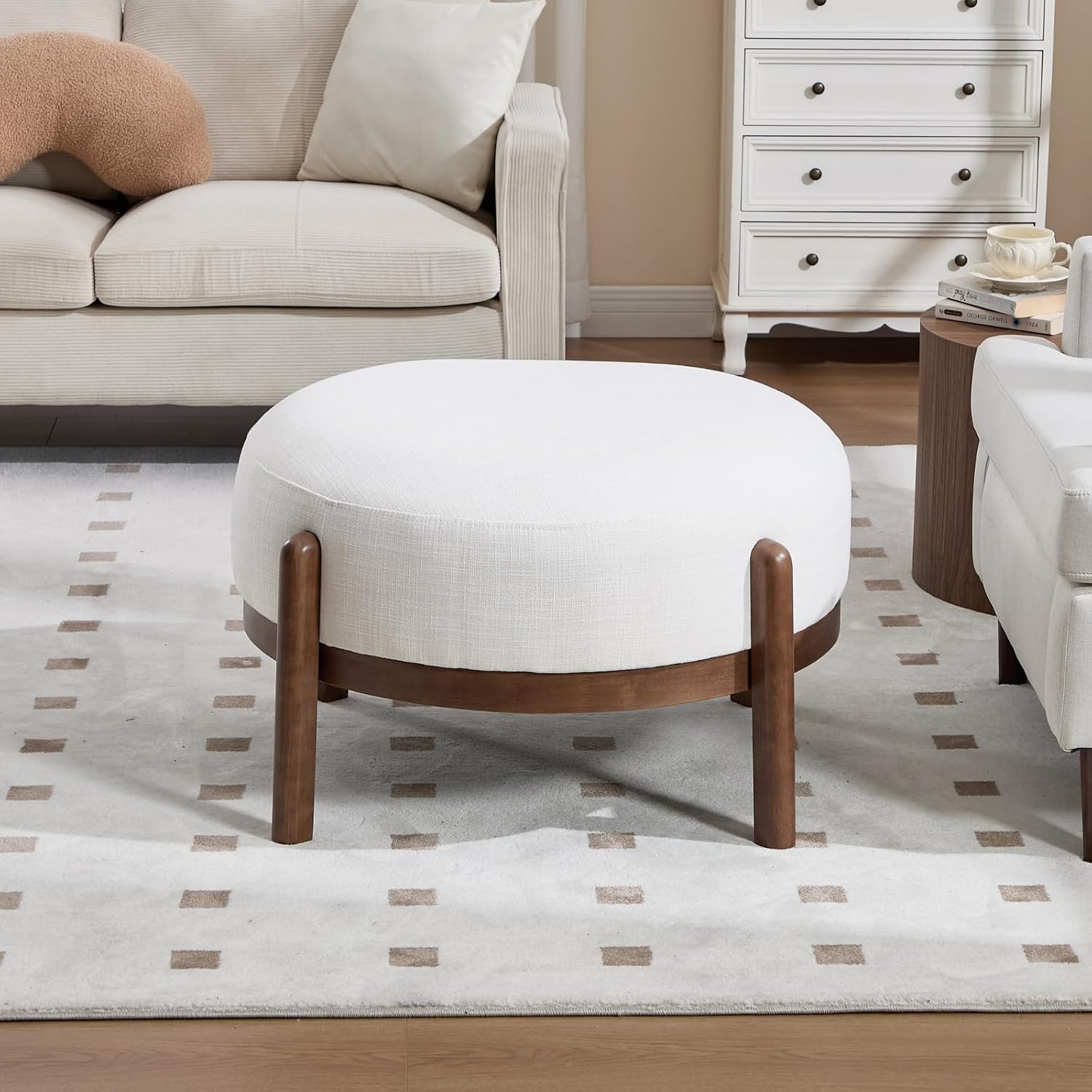 Ya-Home Modern Ottoman, Soft Sherpa Fabric Footrest Bench with Solid Wooden Legs Single Seat for Living Room Bedroom, Beige