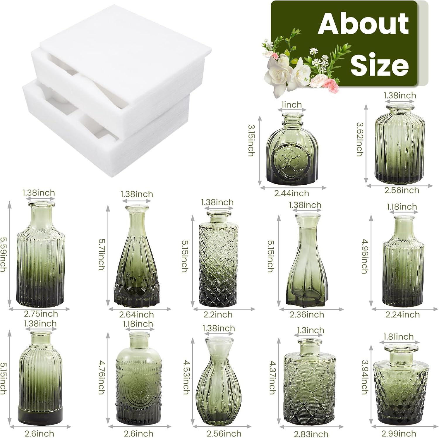 TBWIND 12pcs Green Glass Bud Vases Set, Small Vases for Flowers, Bud Vase for Centerpieces in Bulk, Mini Vintage Vase for Wedding Decorations, Office and Home Table Flower Décor