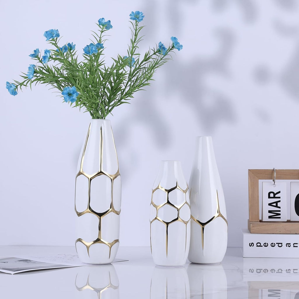 Ceramic Geometric Decorative Vase Set of 3, White and Gold Vases, Modern Home Decor Vases, Suitable for Living Room, Kitchen, Bedroom, Bathroom, Entryway Mantel, and TV Console Decor.