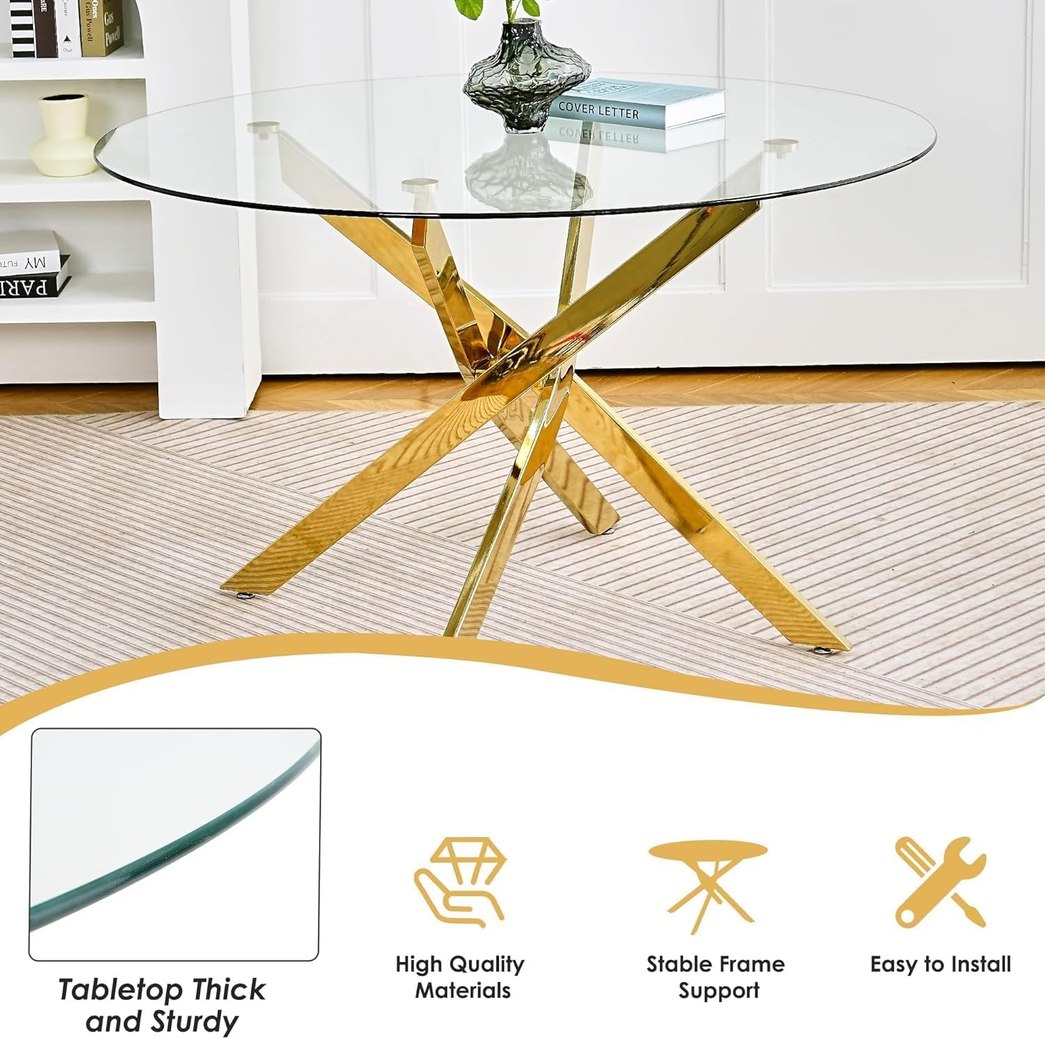 Round Glass Dining Table Set for 4, 36'' Small Circle Glass Kitchen Table with 4 Luxury Black Gold Velvet Dining Chairs, 5-Piece Dining Room Table Set for Small Place(Gold Base)