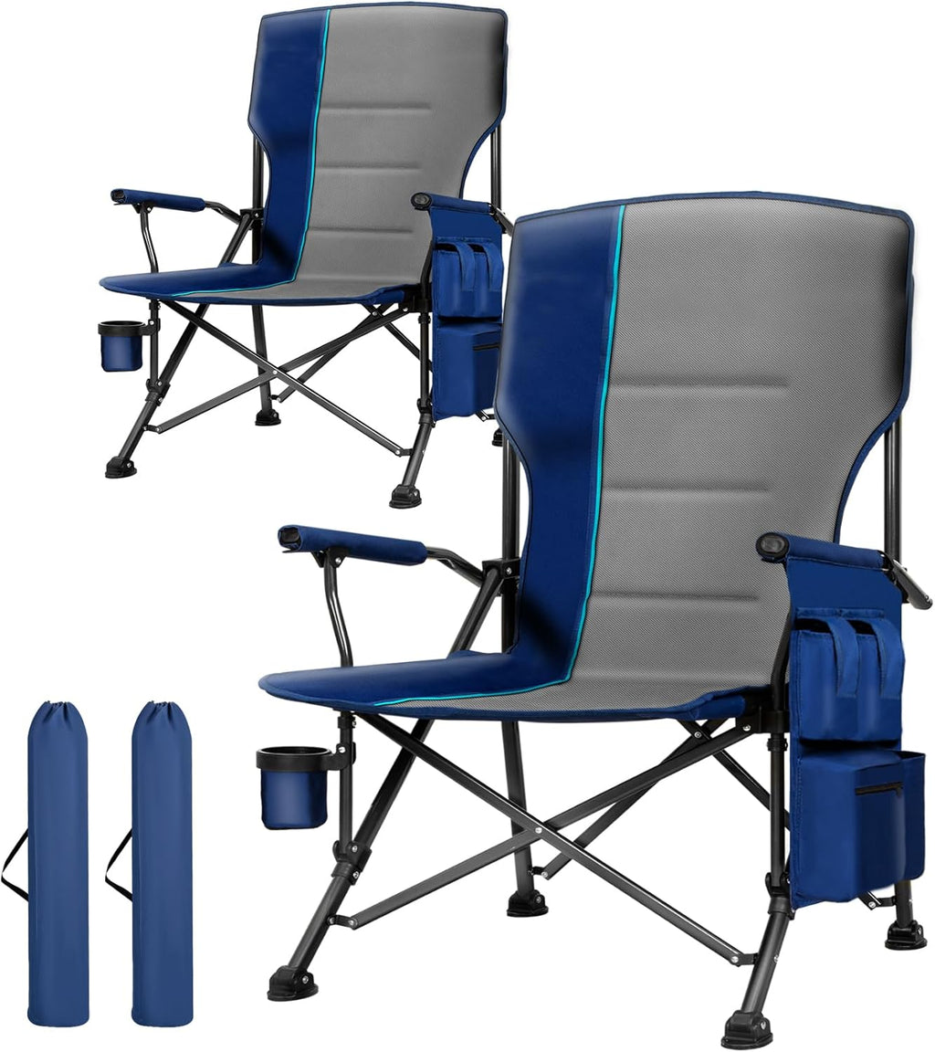 Oversized Camping Chair 2 Pack with Metal Hard Handle, Heavy Duty Folding Camp Chairs with High Back Support, Up to 500lbs Portable Outdoor Chairs for Beach, Tailgating, Blue