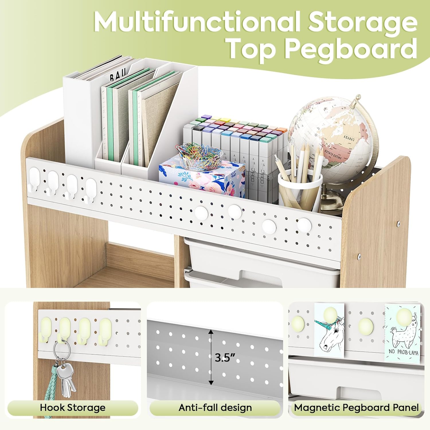 Rolling Storage Cart with Top Pegboard and 6 Drawers, Mobile Utility Cart on Wheels with Locking Brakes, Craft Organizer Lateral File Cabinet for Home, Office and Craft Room – Wood Frame(Green)