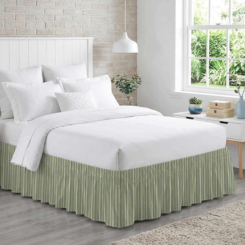 Dark Sage Green Striped Bed Skirt King Size 16 Inch Drop, Adjustable & Elastic Wrap Around Bed Skirts Pleated Dust Ruffles for Twin Full Queen Cal King Base Bed, Farmhouse Stripes Modern Vintage