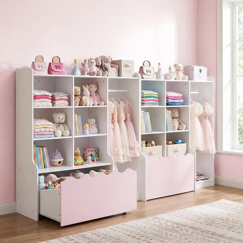 Costzon 2 in 1 Kids Toy Storage Organizer, Dress up Closet Wardrobe w/Clothing Rack, 6 Cubes & Movable Drawer, Multifunctional Kids Bookshelf Storage Chest for Kids Room, Playroom, Nursery
