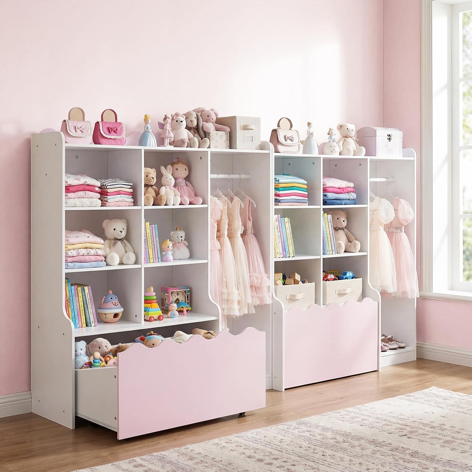 Costzon 2 in 1 Kids Toy Storage Organizer, Dress up Closet Wardrobe w/Clothing Rack, 6 Cubes & Movable Drawer, Multifunctional Kids Bookshelf Storage Chest for Kids Room, Playroom, Nursery