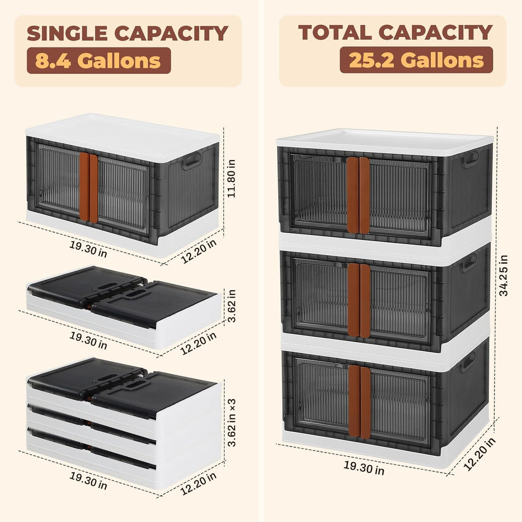 3 Pack 8.4 Gallon Collapsible Storage Boxes, Lidded Storage Box with Door and Wheels for Books, Towels and Clothes, Folding Storage Box for Home, White