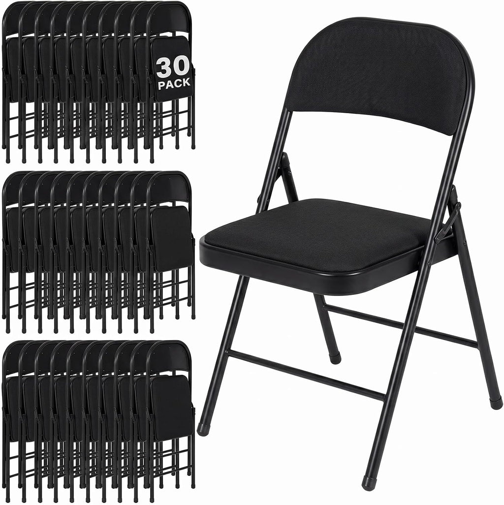 30 Pack Folding Chairs, Fabric Dining Chair Set with Padded Cushion and Back, Indoor Outdoor Seat for Home Office, Parties, Events, Wedding, Extra Guest Seating, Obsidian Black