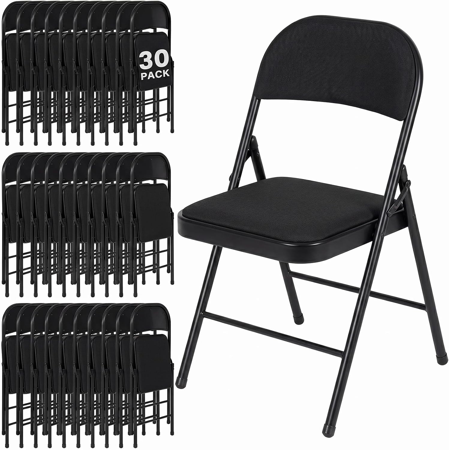 30 Pack Folding Chairs, Fabric Dining Chair Set with Padded Cushion and Back, Indoor Outdoor Seat for Home Office, Parties, Events, Wedding, Extra Guest Seating, Obsidian Black