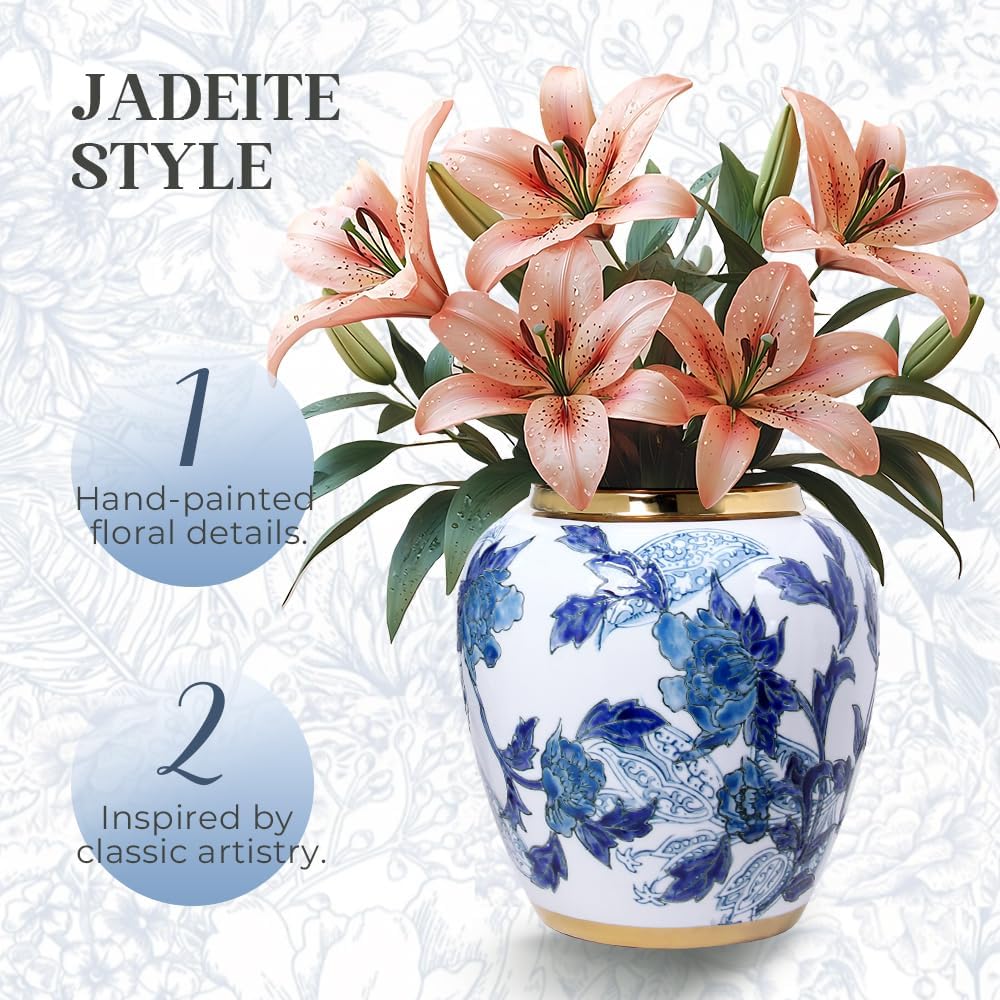 Blue and White Porcelain Vase with Gold Trim - Chinoiserie Style Ginger Jar for Vintage Home Decor, 11 Inches Tall