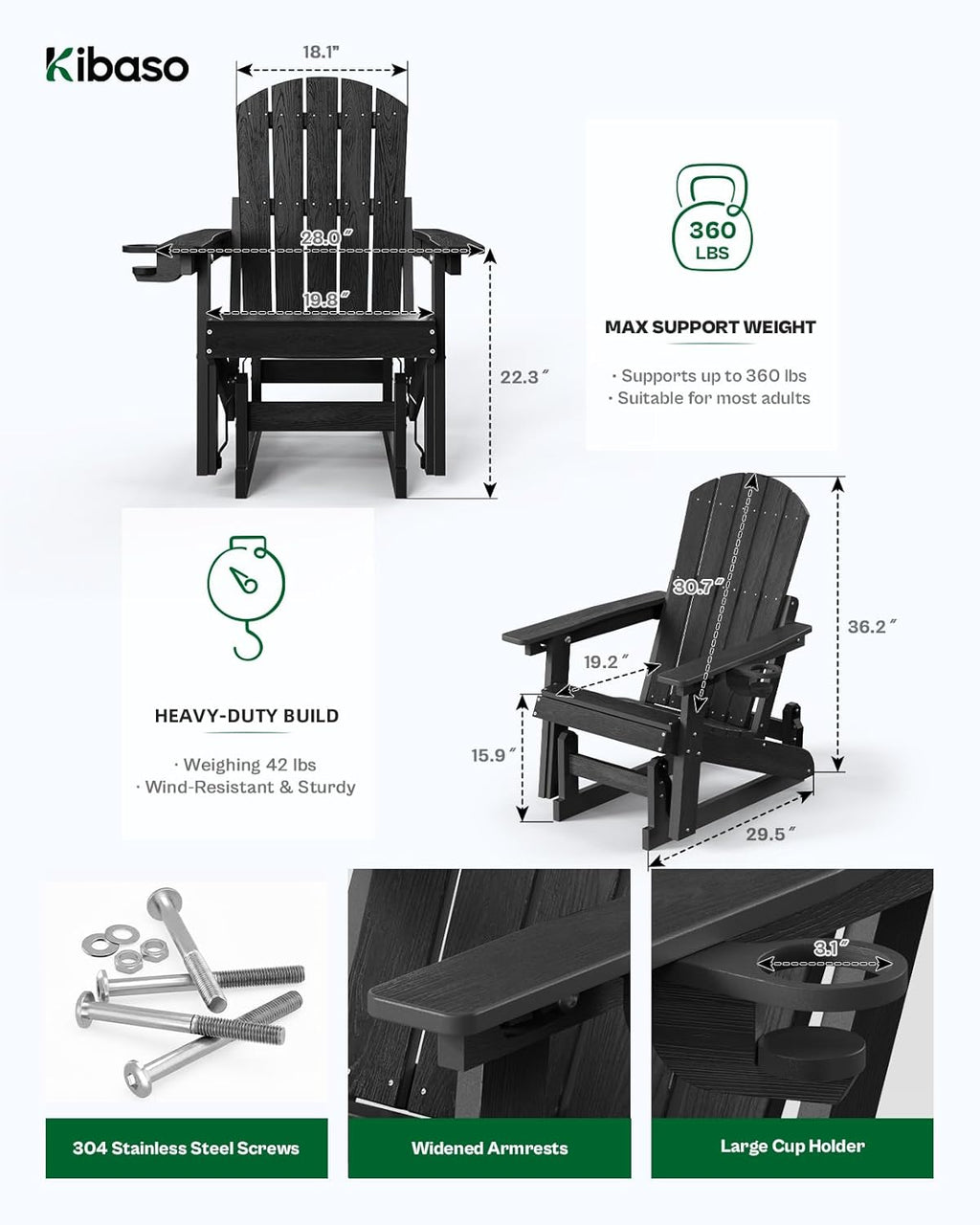 Outdoor Glider Adirondack Chairs with Cup Holder Set of 2, HDPE Patio Glider Rocker with 3-Position Adjustable Backrest, All-Weather Porch Glider Rocking Chair for Yard (Black)