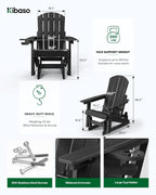 Outdoor Glider Adirondack Chairs with Cup Holder Set of 2, HDPE Patio Glider Rocker with 3-Position Adjustable Backrest, All-Weather Porch Glider Rocking Chair for Yard (Black)