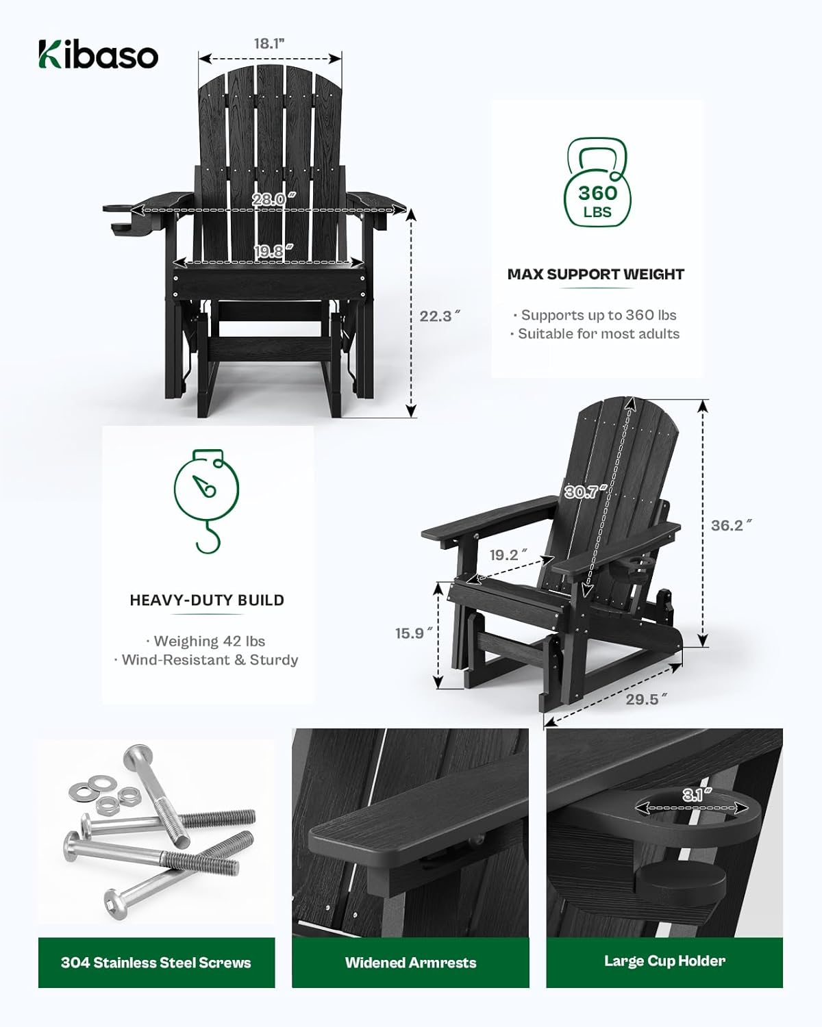 Outdoor Glider Adirondack Chairs with Cup Holder Set of 2, HDPE Patio Glider Rocker with 3-Position Adjustable Backrest, All-Weather Porch Glider Rocking Chair for Yard (Black)