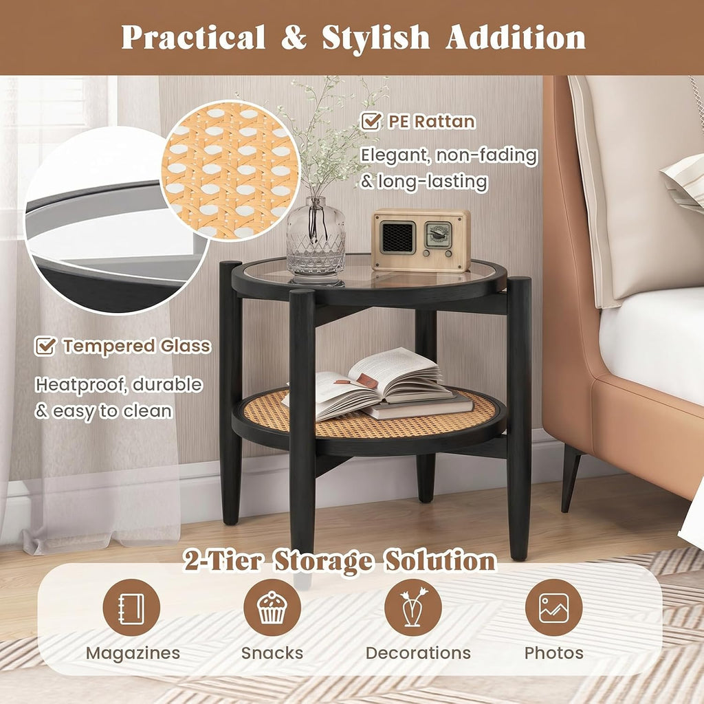 Giantex Rattan Round End Table, Boho Nightstand with Tempered Glass Top & Acacia Wood Legs, 2-Tier Side Table with Storage, Bedside Tables for Small Spaces Living Room Bedroom (Black)