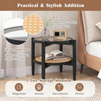 Giantex Rattan Round End Table, Boho Nightstand with Tempered Glass Top & Acacia Wood Legs, 2-Tier Side Table with Storage, Bedside Tables for Small Spaces Living Room Bedroom (Black)