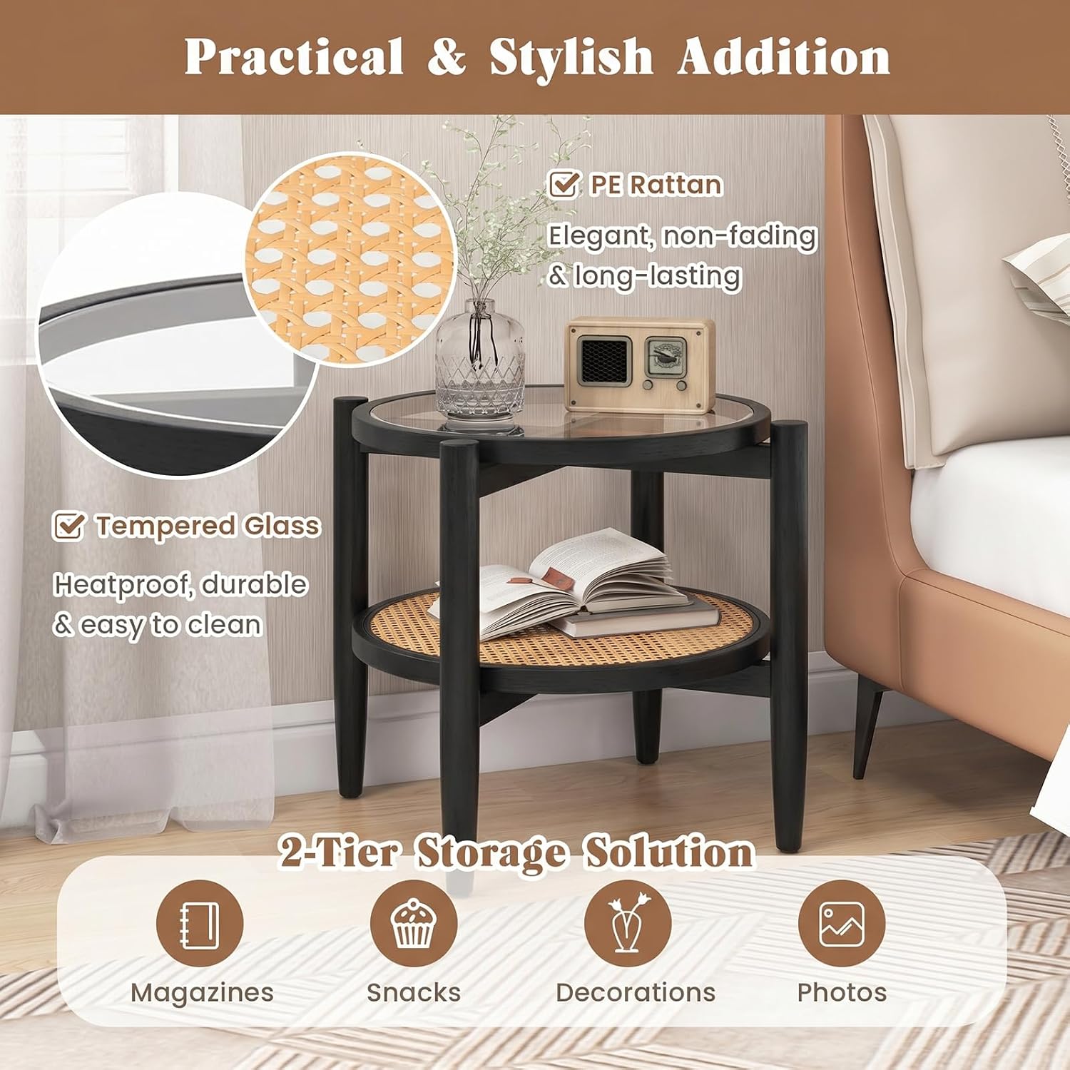 Giantex Rattan Round End Table, Boho Nightstand with Tempered Glass Top & Acacia Wood Legs, 2-Tier Side Table with Storage, Bedside Tables for Small Spaces Living Room Bedroom (Black)