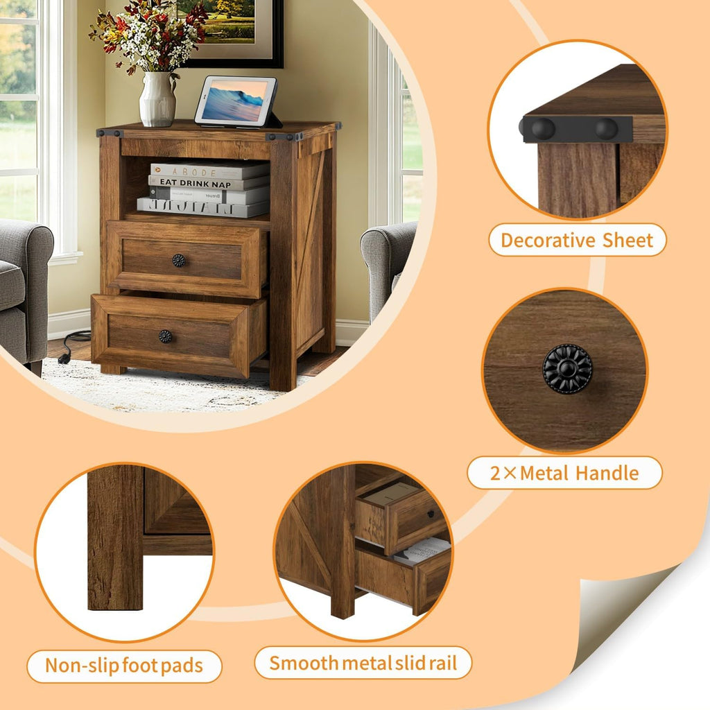 MUUEGM Night Stand with Charging Station, 18'' Rustic Nightstand with 2 Storage Drawers and Open Shelves, Modern Wood End Tables for Bedroom, Living Room, Closet, Office, Brown Nightstands