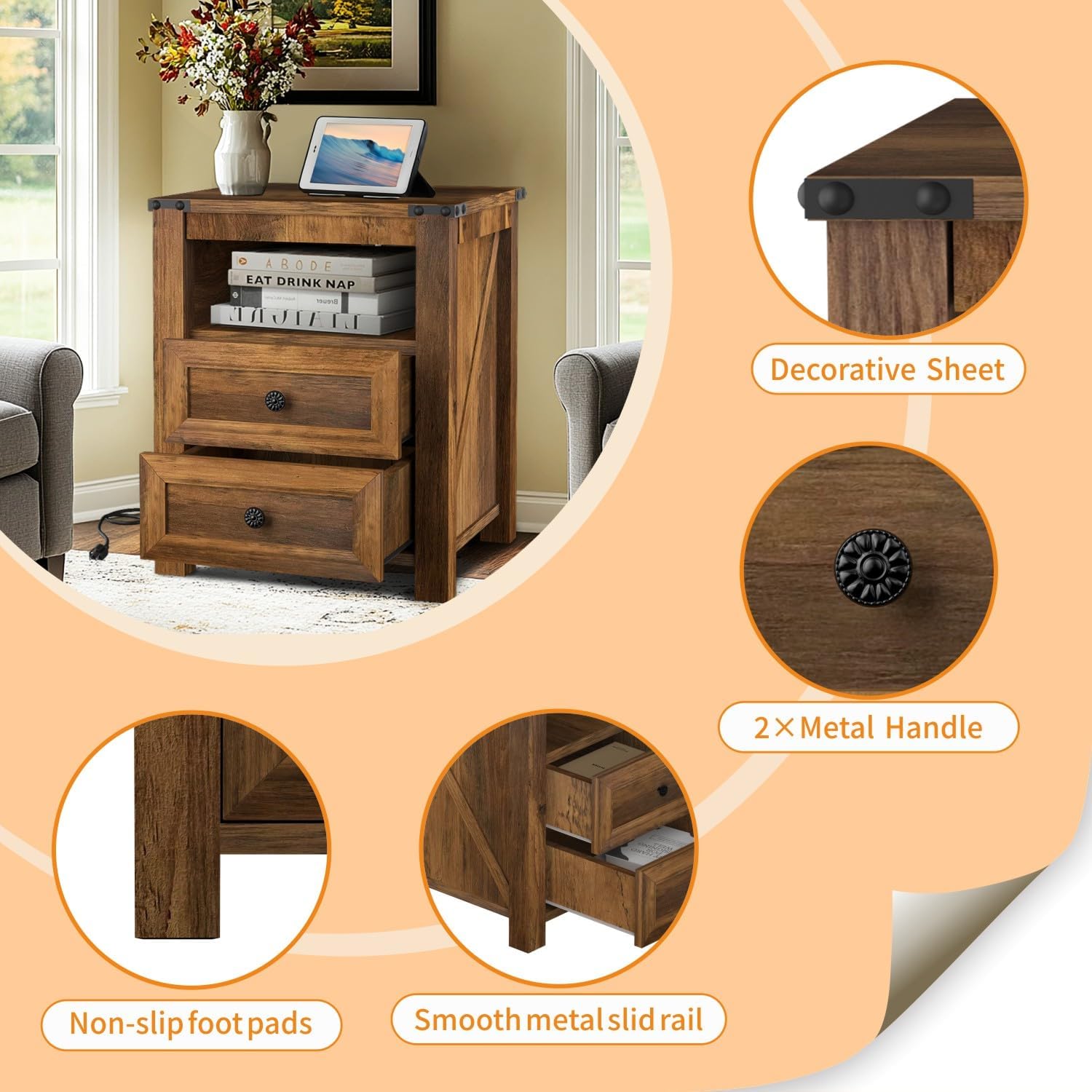 MUUEGM Night Stand with Charging Station, 18'' Rustic Nightstand with 2 Storage Drawers and Open Shelves, Modern Wood End Tables for Bedroom, Living Room, Closet, Office, Brown Nightstands