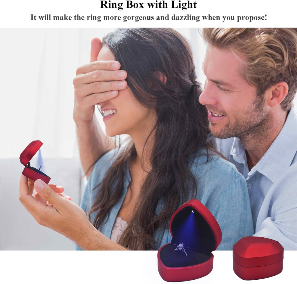 Luxury LED Lighted Ring Box - Heart Shaped Elegant Red Ring Case for Wedding Rings, Perfect for Engagement, Proposal, Anniversary, Ceremony, and Gift Giving
