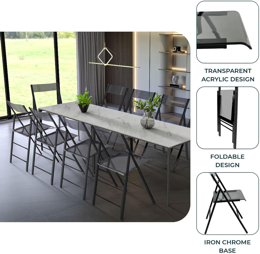 LeisureMod Transparent Acrylic Folding Chair Black Frame, Lightweight Iron Chrome Base, Comfortable Clear Desk Chair, No Assembly Needed (Set of 2) in Solid Black