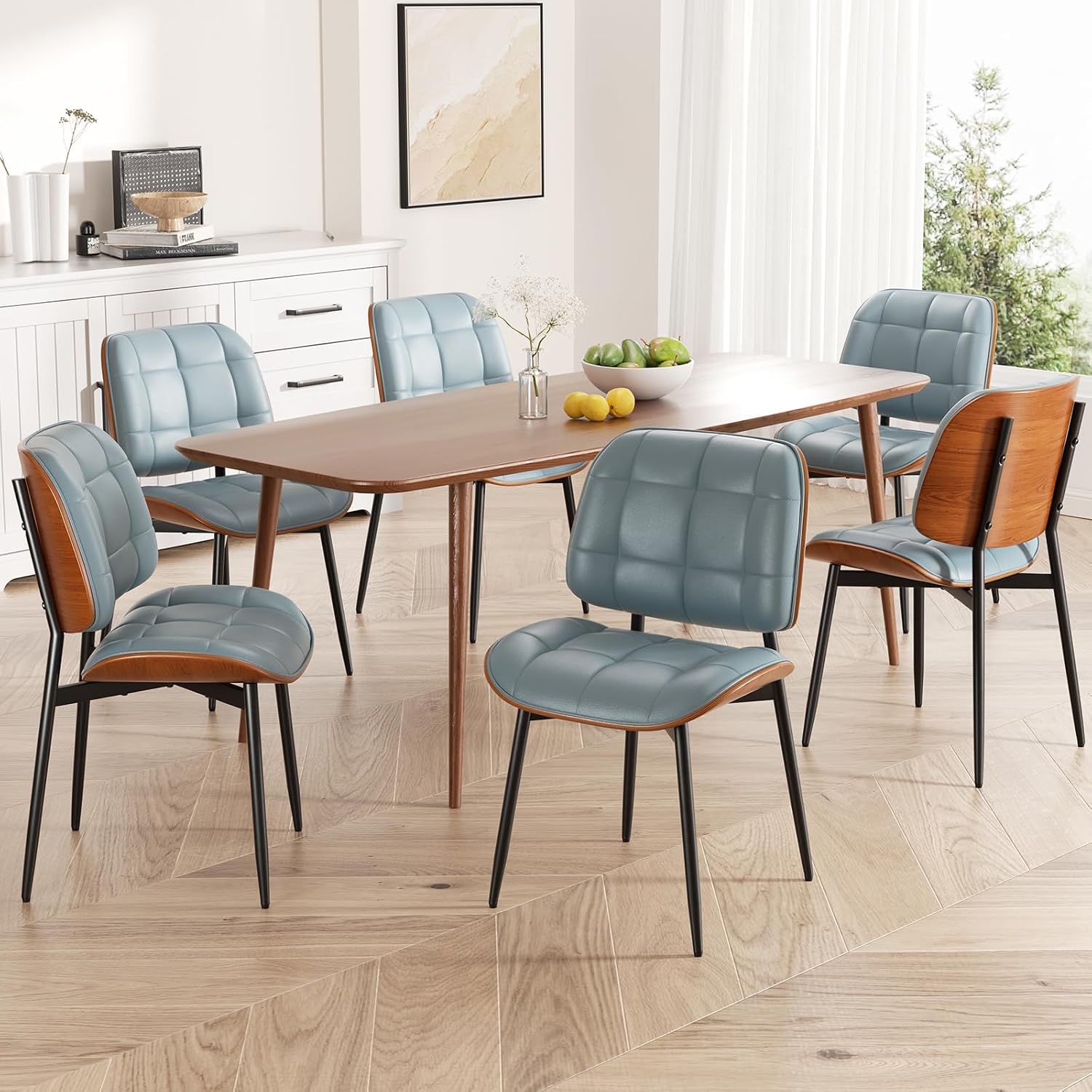 Dining Chairs Set of 4, Mid Century Modern Dining Room Chair with Thick Cushion, Upholstered Faux Leather Kitchen Chairs with Walnut Bentwood Back for Kitchen Dining Room, Blue