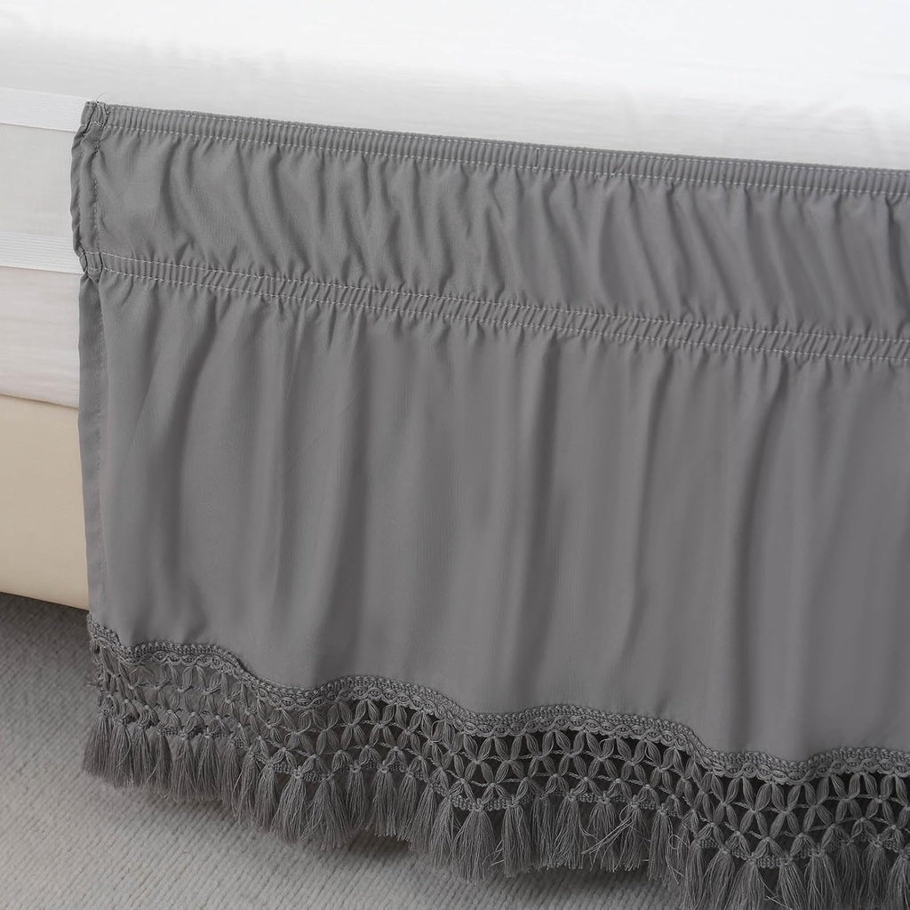 Boho Bed Skirt with 16 Inch Drop, Wrap Around Tassel Bed Skirt, Elastic Dust Ruffle with Adjustable Belts, Easy to Put On, Bed Frame Cover, Machine Washable (Gray,Queen 60"x80")