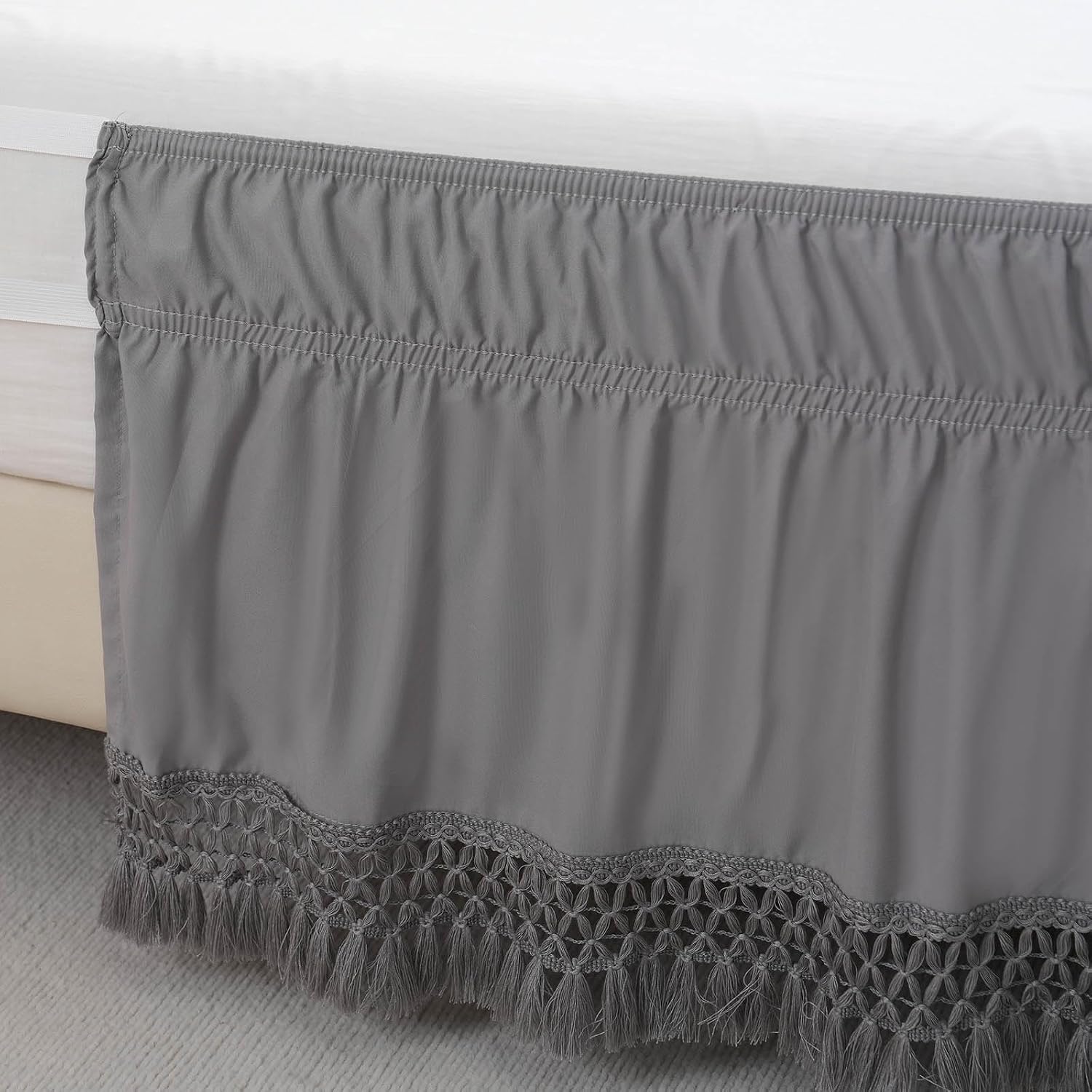 Boho Bed Skirt with 16 Inch Drop, Wrap Around Tassel Bed Skirt, Elastic Dust Ruffle with Adjustable Belts, Easy to Put On, Bed Frame Cover, Machine Washable (Gray,Queen 60"x80")