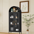 73" Tall Metal Arched Kitchen Pantry,Pantry Cabinet with Glass Door, 2 Adjustable Shelves,Modern Farmhouse Display Bookshelf for Kitchen, Dining Room, Bathroom,Black